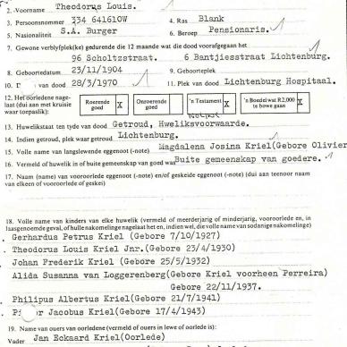 KRIEL Theodorus Louis - died 28 Mar 1970