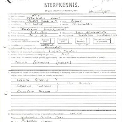 KRIEL Theodorus Louis - died 30 Nov 1976