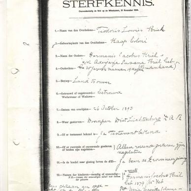 KRIEL Theodorus Lowies - died 26 Oct 1893