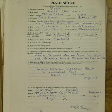 PENN Henry William - died 17 May 1971