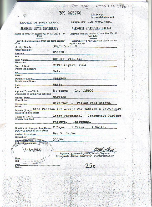 Rogers, George Williams TAB MHG 6735   Abridged Death Certificate