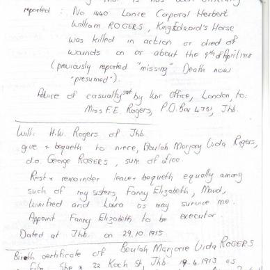ROGERS Harry Williams  Died: 9 Apr 1918 TAB MHG 42368 Notes