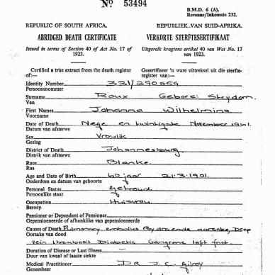 ROUX Johanna Wilhelmina born STRYDOM - Died 29 Nov 1961