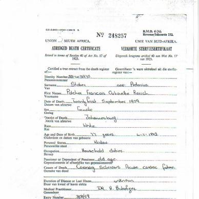 Pulcher Francis Bulivette Rorich Stoker born Pretorius MHG 7400  1959 Abridged Death Certificate