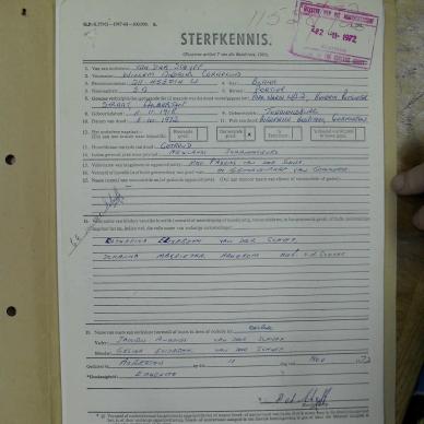 SCHYFF Willem Andries Cornelius VAN DER - died 3 Oct 1972