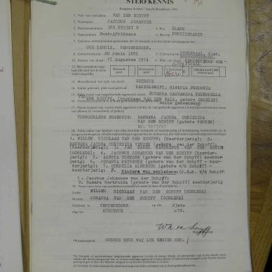 SCHYFF Jacobus Johannes VAN DER - died 17 Aug 1974