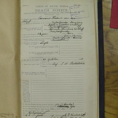 SCHYFF Coenraad Frederick VAN DER - died 20 Oct 1918
