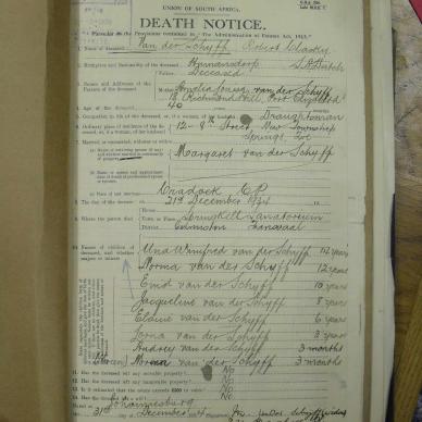 SCHYFF Robert Clasky VAN DER  - died 21 Dec 1934