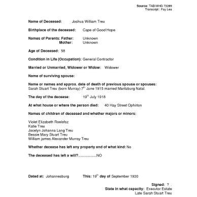 TREU Joshua William - died 19 July 1918