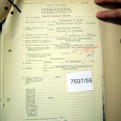 VORSTER Roelof Johannes - died 27 Sep 1959