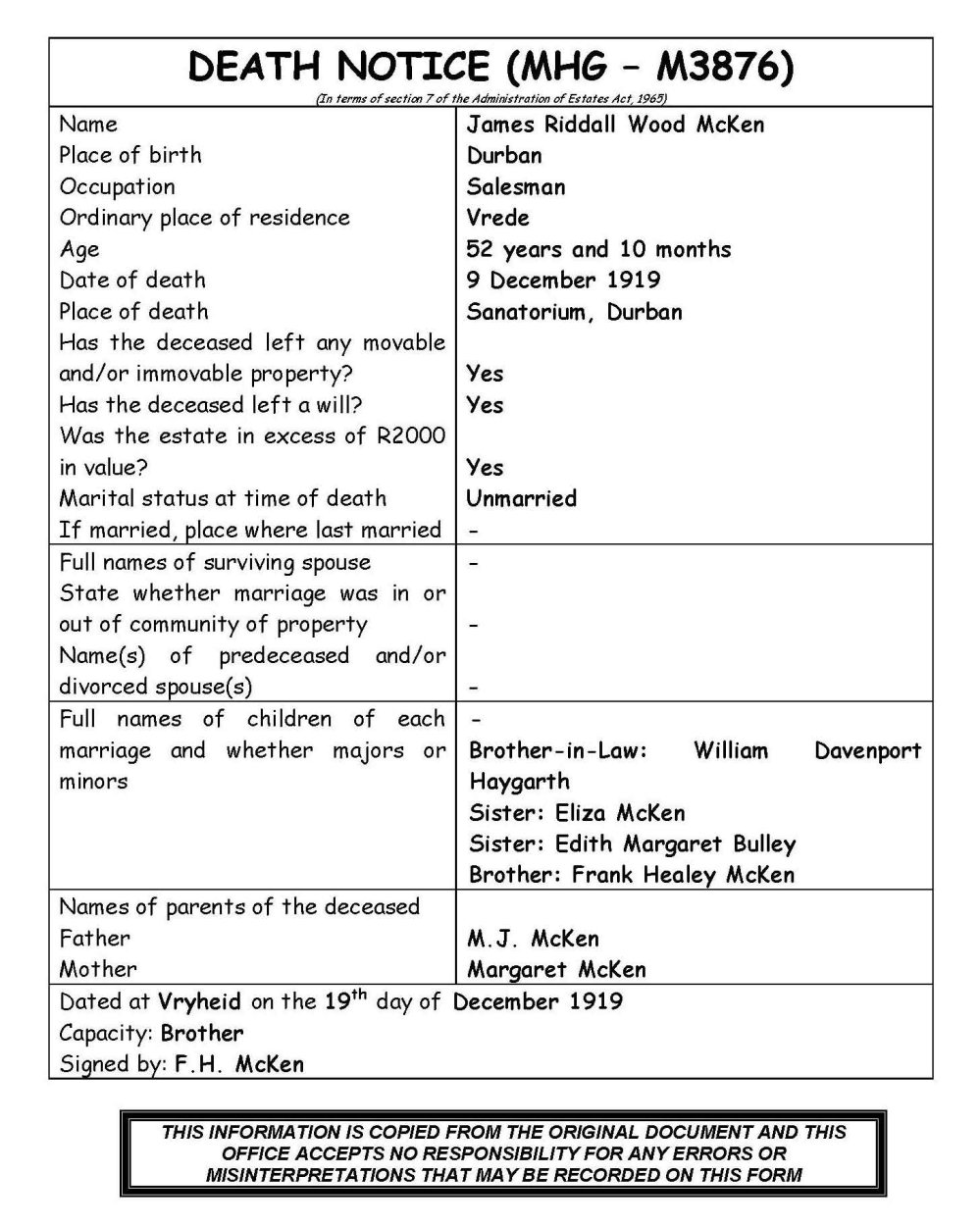 MCKEN James Riddall Wood - Died 9 Dec 1919