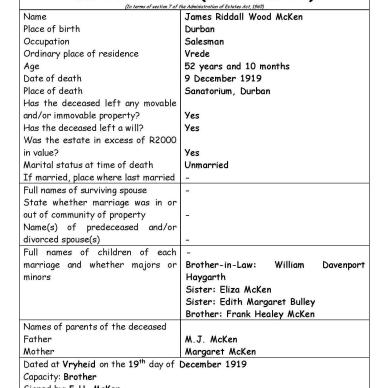 MCKEN James Riddall Wood - Died 9 Dec 1919