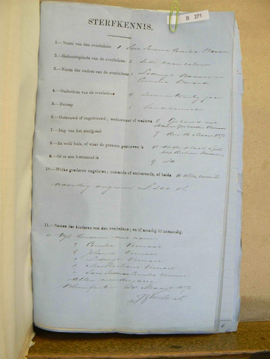 VERMAAK Sara Susanna Cornelia nee BOUWER - oorlede 7 Mrt 1872 VERMAAK Sara Susanna Cornelia nee BOUWER - oorlede 7 Mrt 1872