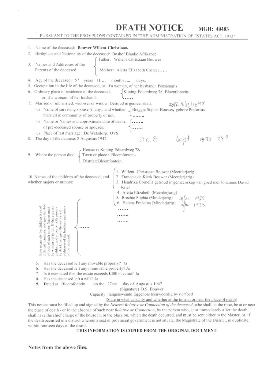 BOUWER Willem Christiaan - Died 5 Aug 1947