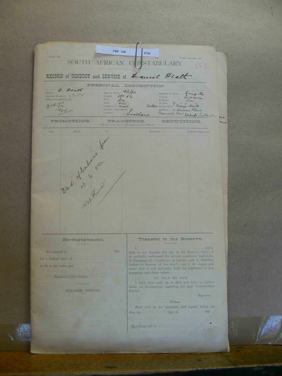 HEATH Daniel - Record of Conduct and Service - South African Constabulary