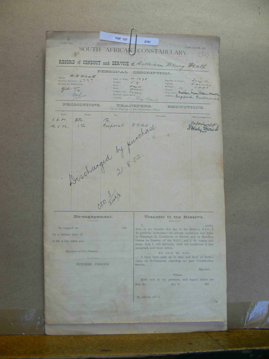 HEATH William Henry - Record of Conduct and Service - South African Constabulary