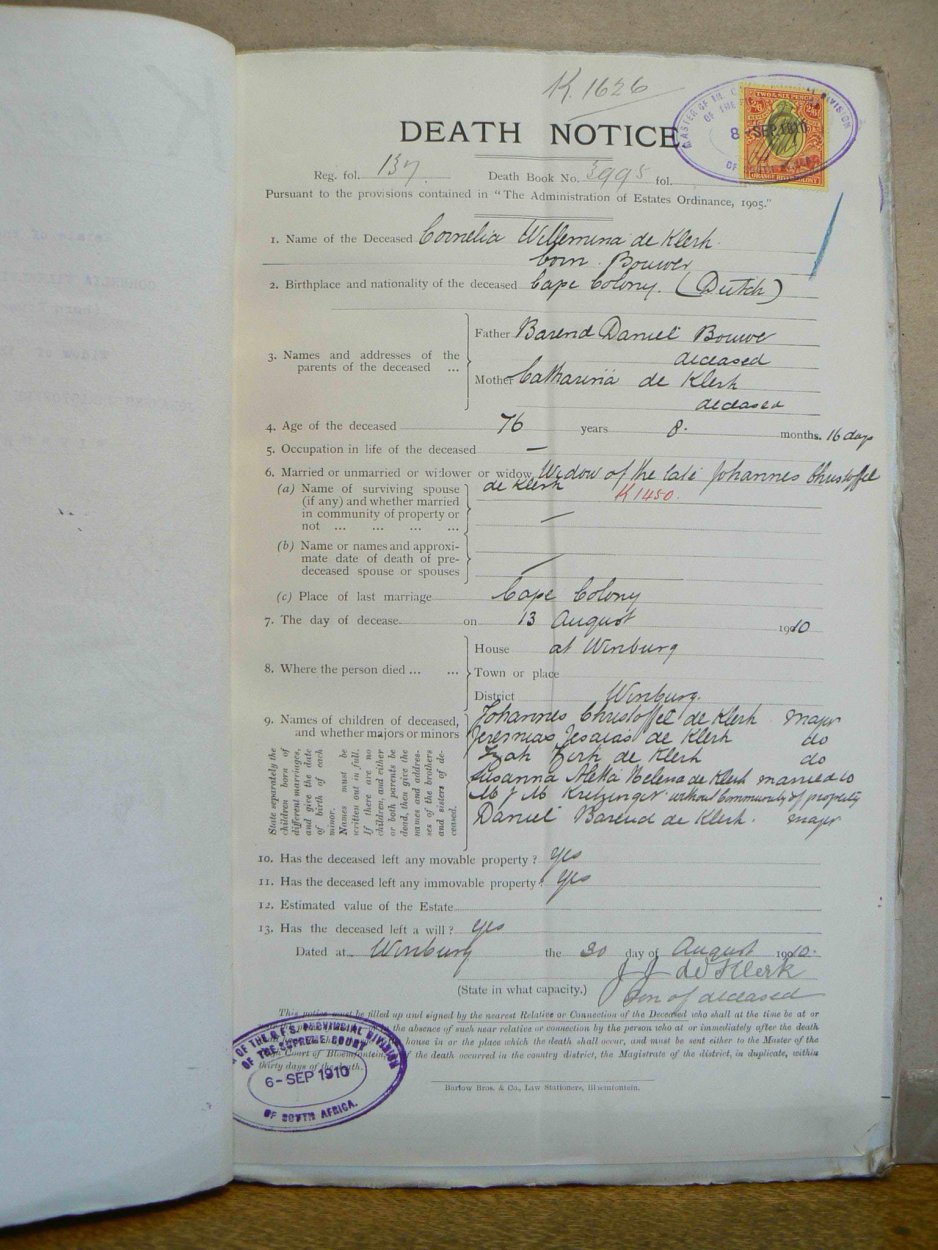KLERK Cornelia Wilhelmina DE nee BOUWER- oorlede 13 Aug 1910 KLERK Cornelia Wilhelmina DE nee BOUWER- oorlede 13 Aug 1910