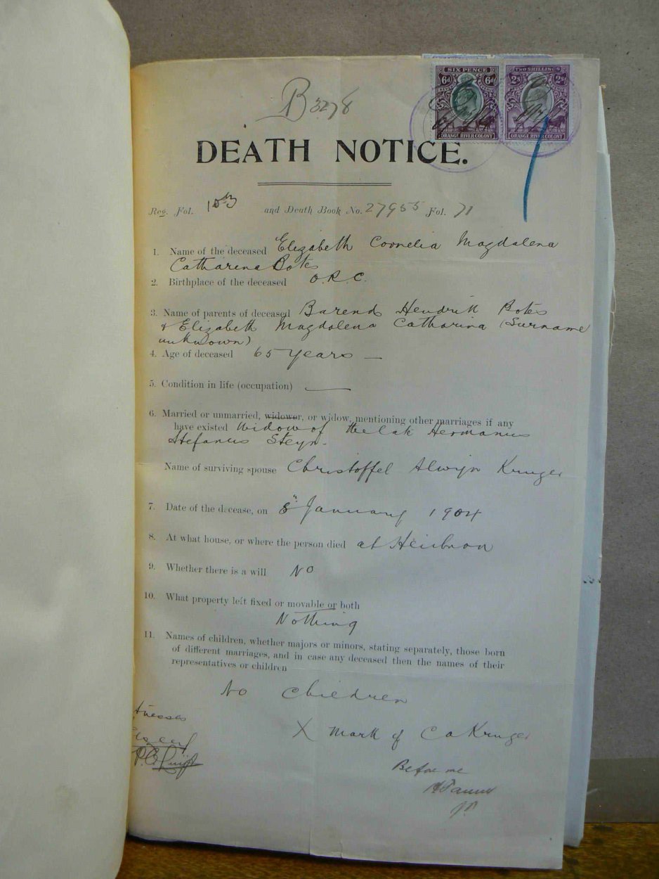KRUGER Elizabeth Cornelia Magdalena Catharina nooiensvan BOTES died 8 January 1904
