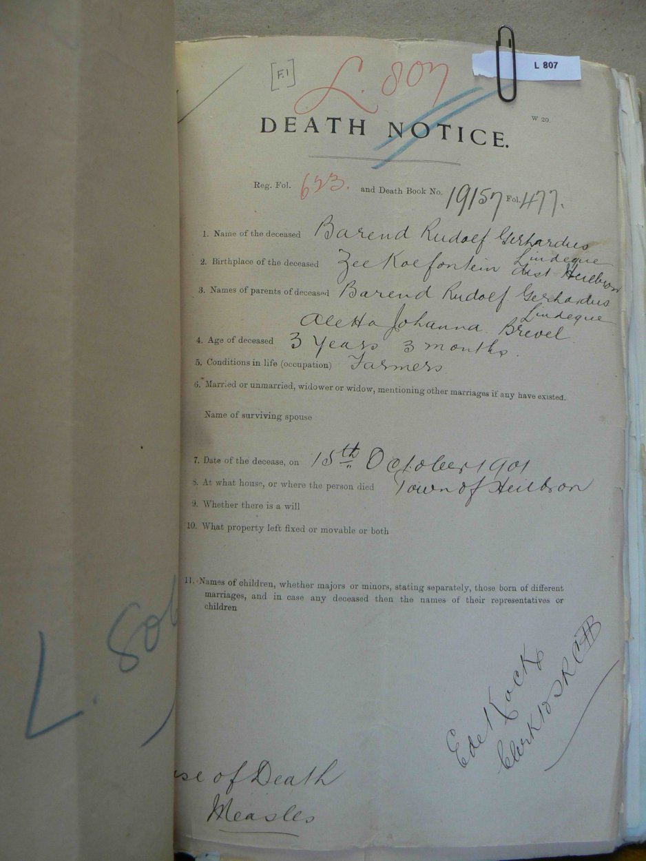 LINDEQUE Barend Rudolf Gerhardus dieed 15 October 1901