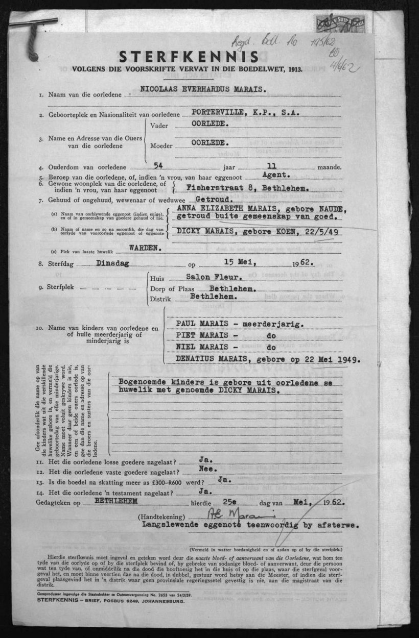 MARAIS Nicolaas Everhardus - oorlede 15 Mei 1962 MARAIS Nicolaas Everhardus - oorlede 15 Mei 1962