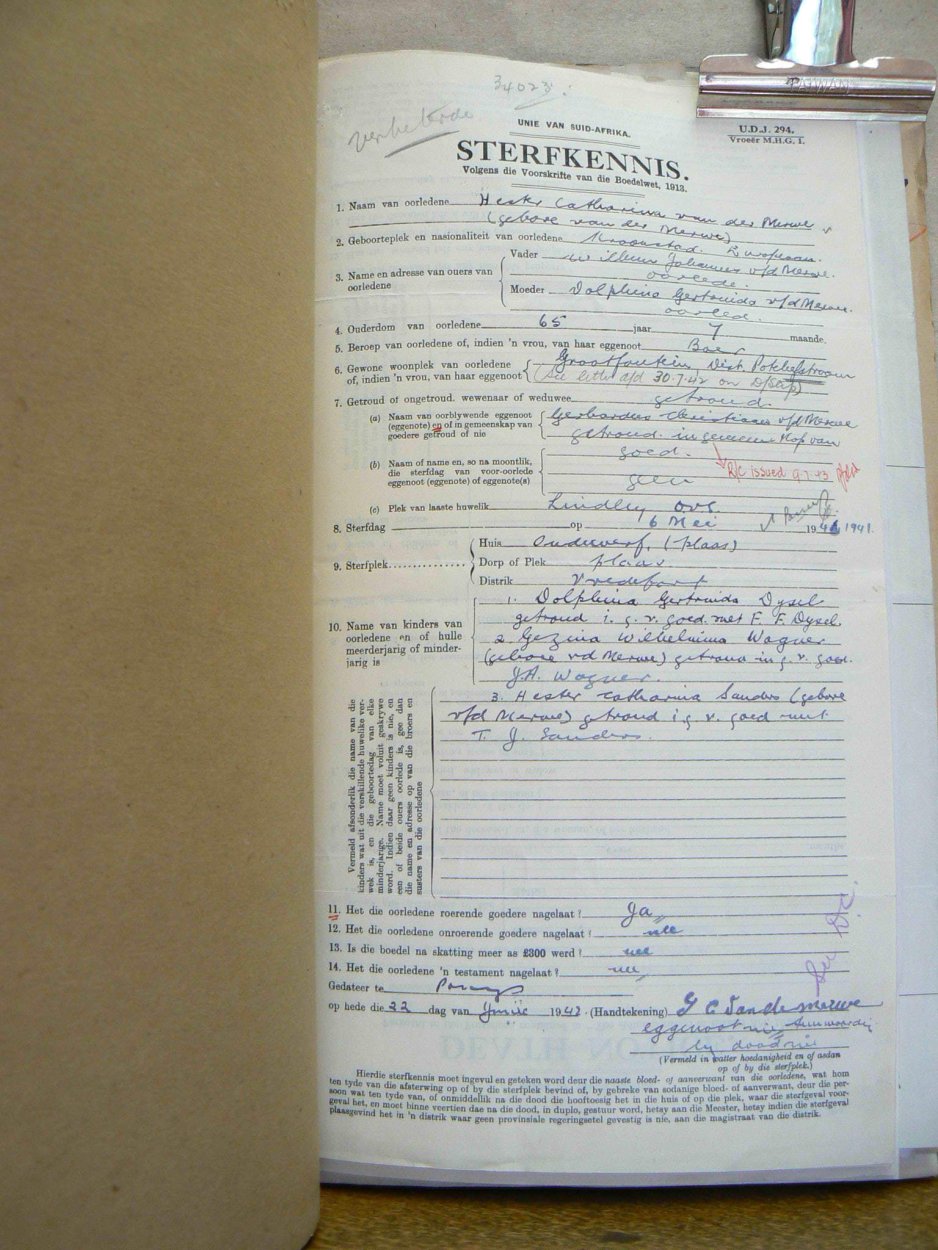 VAN DER MERWE Hester Catharina nee VAN DER MERWE - oorlede 6 Mei 1942 VAN DER MERWE Hester Catharina nee VAN DER MERWE - oorlede 6 Mei 1942