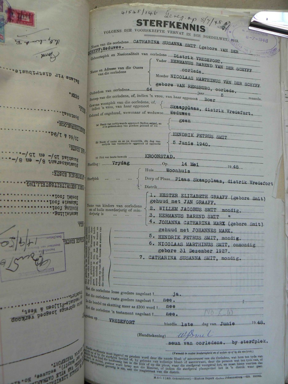 SMIT Catherina Susanna born VAN DER SCHYFF died 14 May 1948